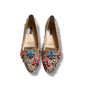 Dolce & Gabbana Audrey Raffia Flats Women's Size 37 Beige Embellished Jewel Chic